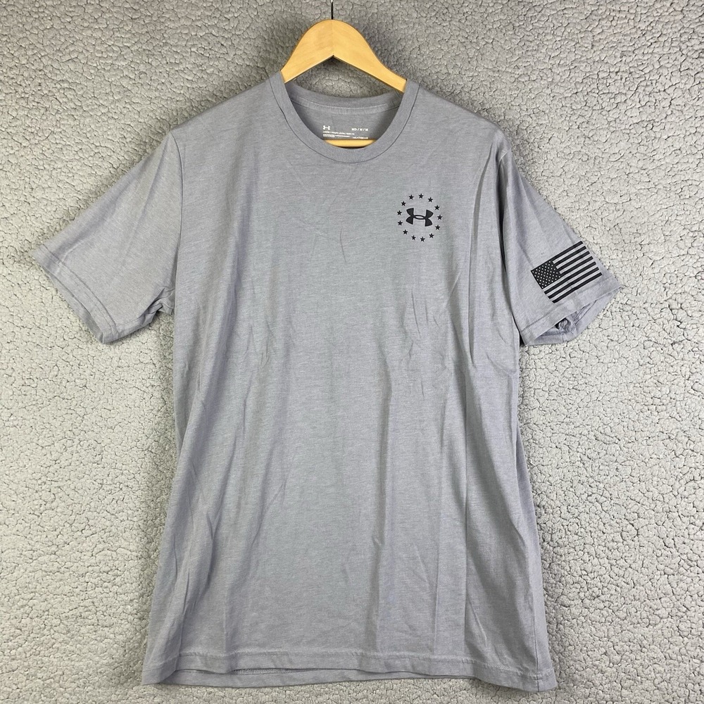Under Armour Freedom Mens XL Shirt Gray American Flag Heatgear Cotton Blend